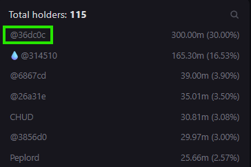 Holder list: wallet 0x36dc0c holds 300.00m EXTRACTOOR, 30% of supply
